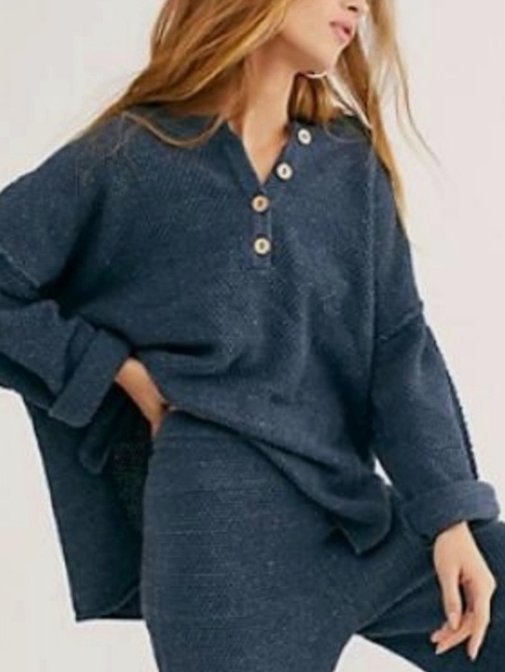 Free People Blue Textured Knit Henley Sweater